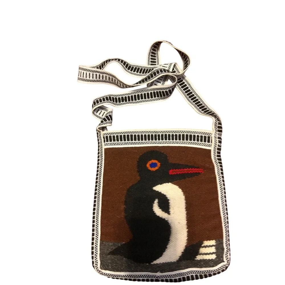 Crossbody Bag Folk Art Brown Black White Bird Handwoven Wool Small Bag